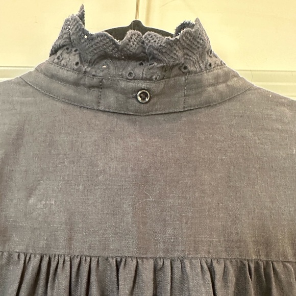 On This Note Noa Noa Linen Dress XS Navy Blue Ruffles & Lace Victoria Collar - Picture 8 of 11